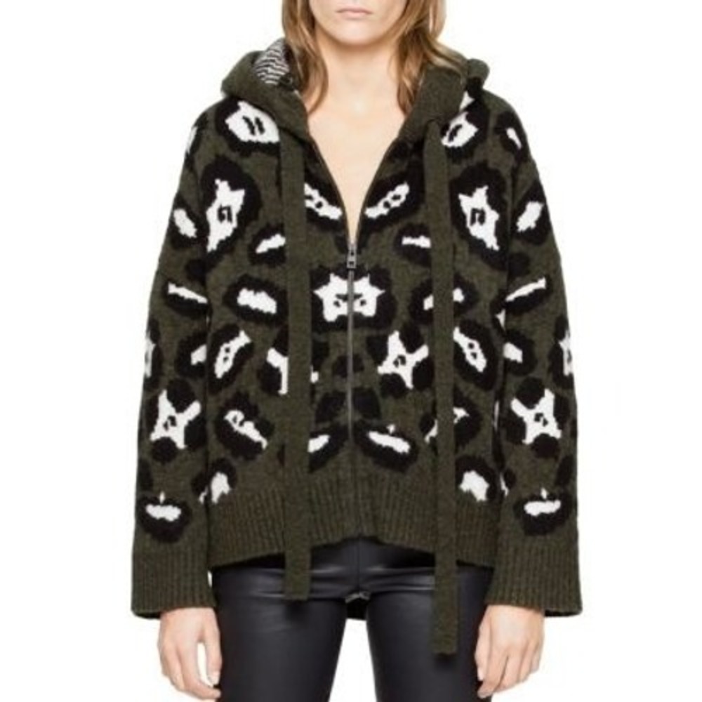 Zadig & Voltaire Lennox WA Leopard Print Wool Alpaca Zip Hoodie Sweater M/L $700